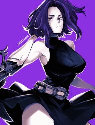 Rule 34 | 1girl, arm cannon, artist name, bare shoulders, belt, black dress, boku no hero academia, breasts, closed mouth, commentary, dress, english commentary, frown, hand in own hair, highres, lady nagant, large breasts, looking at viewer, miss faves, pink hair, purple eyes, purple hair, purple theme, short hair, sleeveless, sleeveless turtleneck dress, solo, thighs, utility belt, weapon