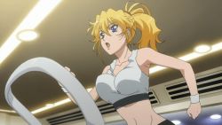 Rule 34 | 1girl, animated, animated gif, banpresto, blonde hair, blue eyes, bouncing breasts, breasts, excellen browning, long hair, lowres, midriff, navel, ponytail, running, solo, super robot wars, tank top, treadmill