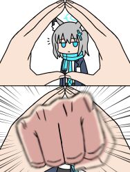 Rule 34 | 1girl, 2koma, animal ear fluff, animal ears, blue archive, comic, cross hair ornament, grey hair, hair ornament, halo, heart, heart hands, highres, incoming attack, incoming punch, pov, pov hands, punching, scarf, school uniform, shiroko (blue archive), snoot challenge, speed lines, washin, wolf ears