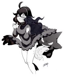 Rule 34 | 1girl, @ @, ahoge, blush, breasts, chouku tetsushitsuiwa, clothes lift, creatures (company), cropped legs, dress, dress lift, embarrassed, game freak, gen 1 pokemon, gengar, ghost, hairband, hands up, hex maniac (pokemon), highres, licking, long dress, long hair, long sleeves, looking at another, medium breasts, messy hair, monochrome, nintendo, no panties, npc trainer, open mouth, pokemon, pokemon (creature), pokemon xy, saliva, signature, simple background, sweat, sweater, teeth, tongue, tongue out, turtleneck, turtleneck sweater, twitter username, v-shaped eyes, wavy mouth, white background