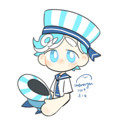 Rule 34 | 1boy, blue eyes, blue hair, blue necktie, blush, bright pupils, cookie run, dot mouth, highres, holding, holding seashell, male focus, multicolored hair, necktie, peppermint cookie, personification, sailor collar, seashell, shell, shirt, two-tone hair, upper body, wenyu, white hair, white pupils, white shirt, white stripes