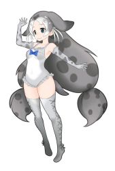 Rule 34 | 10s, 1girl, :3, animal ears, blue bow, bow, bow swimsuit, elbow gloves, extra ears, frilled gloves, frilled swimsuit, frills, full body, gloves, grey eyes, grey gloves, grey hair, grey thighhighs, hand up, ise (0425), kemono friends, long hair, looking away, low-tied long hair, low twintails, multicolored hair, one-piece swimsuit, ringed seal (kemono friends), simple background, solo, spotted hair, standing, swimsuit, tail, thighhighs, twintails, very long hair, white background