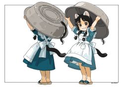 1girl :d akai_sashimi animal_ear_fluff animal_ears apron aqua_dress arms_up artist_name black_border black_hair blush border bow_apron braid braided_twintails brown_eyes carrying_overhead cat_ears cat_girl cat_tail dress eel facing_away flip-flops frilled_apron frills full_body grin hair_over_shoulder hair_ribbon holding light_blush looking_at_viewer multiple_views open_mouth original outside_border parted_lips petticoat pocket puffy_short_sleeves puffy_sleeves ribbon sandals short_sleeves signature simple_background smile solo_focus standing tail twin_braids washtub white_apron white_background white_ribbon