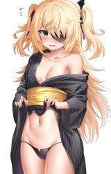 Rule 34 | 1girl, absurdres, bat hair ornament, black kimono, black panties, black ribbon, blonde hair, blush, breasts, clothes lift, collarbone, commentary, cowboy shot, eyepatch, fang, fischl (genshin impact), flying sweatdrops, genshin impact, green eyes, groin, hair ornament, hair ribbon, highres, japanese clothes, kimono, kimono lift, lifting own clothes, long hair, long sleeves, looking at viewer, medium breasts, navel, off shoulder, open mouth, panties, ribbon, sash, simple background, single bare shoulder, small breasts, solo, striped, sunhyun, two side up, underwear, vertical stripes, very long hair, white background, wide sleeves, yukata