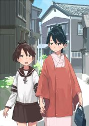 Rule 34 | 10s, 2girls, adapted costume, architecture, bag, black hair, bow, brown hair, building, east asian architecture, hair bow, holding hands, handbag, high ponytail, houshou (kancolle), japanese house, kantai collection, long sleeves, looking at another, matsutani, michiyuki, multiple girls, open mouth, outdoors, pleated skirt, ponytail, road, sailor collar, school uniform, serafuku, shikinami (kancolle), skirt, smile, standing, street, walking