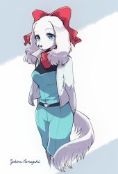 Rule 34 | 1girl, animal ears, animal nose, arms behind back, artist name, bandana, belt, blue eyes, blue pants, blue shirt, blush, boots, bow, breasts, closed mouth, collared jacket, cropped legs, dog ears, dog girl, dog tail, fay spaniel, female focus, furry, furry female, grey footwear, hair bow, highres, jacket, jpeg artifacts, knee boots, light blush, looking at viewer, medium breasts, medium hair, namagaki yukina, nintendo, open clothes, open jacket, pants, red bow, shirt, sidelocks, signature, simple background, snout, solo, standing, star fox, star fox 2, tail, two-tone background, white background, white hair, white jacket