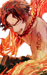Rule 34 | 1boy, absurdres, bead necklace, beads, fighting stance, fire, flaming hand, highres, jewelry, looking at viewer, male focus, necklace, one piece, portgas d. ace, short hair, solo, topless male, upper body, yadu nadu