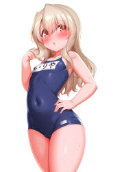Rule 34 | 1girl, :o, absurdres, blue one-piece swimsuit, brown hair, commentary request, covered navel, fate/kaleid liner prisma illya, fate (series), flat chest, hand on own hip, highres, illyasviel von einzbern, long hair, looking at viewer, one-piece swimsuit, red eyes, school swimsuit, simple background, solo, swimsuit, white background, zirba