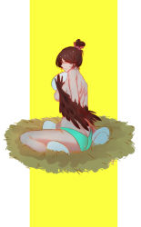 Rule 34 | 1girl, absurdres, ass, back, bike (pixiv19828655), bird nest, breasts, brown eyes, brown hair, egg, eyes visible through hair, feathered wings, food, from behind, full body, green panties, groin, hair between eyes, hair bun, hair ornament, highres, holding, holding egg, holding food, in nest, large breasts, looking at viewer, looking back, mei (overwatch), nest, overwatch, overwatch 1, panties, profile, short hair, shoulder blades, single hair bun, sitting, solo, topless, underwear, wariza, winged arms, wings