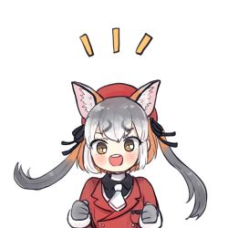 Rule 34 | animal ears, beret, black shirt, blush, clenched hands, collared shirt, excited, extra ears, fox ears, fox girl, gloves, grey gloves, grey hair, hair tie, hat, island fox (kemono friends), jacket, kemono friends, kemono friends v project, long sleeves, multicolored hair, necktie, official alternate costume, open mouth, orange hair, orange hat, orange jacket, san sami, shirt, short hair, solo, twintails, two-tone hair, upper body, virtual youtuber, white necktie, yellow eyes