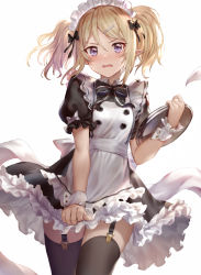 Rule 34 | 1girl, 77gl, alternate costume, black bow, black thighhighs, blonde hair, bow, chloe (princess connect!), copyright request, garter straps, hair bow, hair ornament, hairclip, holding, holding plate, looking at viewer, maid, maid headdress, open mouth, plate, pointy ears, princess connect!, puffy short sleeves, puffy sleeves, purple eyes, short hair, short sleeves, simple background, solo, thighhighs, twintails, wavy mouth, white background