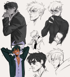 Rule 34 | 2boys, black jacket, blush, buttons, chest hair, cigarette, closed mouth, covered mouth, earrings, grin, jacket, jewelry, kaysd999, long sleeves, male focus, mole, mole under eye, multiple boys, nicholas d. wolfwood, parted lips, pointing, pointing at self, round eyewear, short hair, sketch, smile, smoke, smoking, sunglasses, trigun, trigun stampede, undercut, variations, vash the stampede, white background