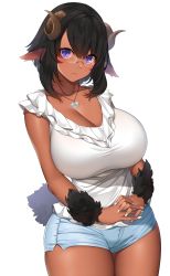 Rule 34 | 1girl, animal ears, blue shorts, blush, breasts, cleavage, collarbone, commission, curled horns, dark-skinned female, dark skin, fingernails, fur, glasses, heart, heart necklace, highres, horns, large breasts, looking at viewer, mole, mole under eye, nail polish, necklace, original, purple eyes, shirt, short hair, short shorts, shorts, simple background, skeb commission, sleeveless, sleeveless shirt, solo, suruga (xsurugax), tail, thighs, white background, white nails, white shirt