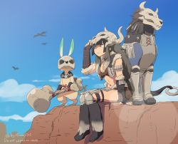 Rule 34 | 1girl, animal, animal skull, arm up, asaya minoru, bare shoulders, black footwear, black gloves, black hair, blue sky, bone armor (monster hunter), breasts, canyne, cat, cleavage, clothed animal, cloud, club (weapon), commentary request, day, elbow gloves, felyne, fingerless gloves, fur-trimmed gloves, fur trim, gloves, grey eyes, holding, knee pads, long hair, medium breasts, monster hunter (series), monster hunter rise, outdoors, shoes, sitting, sky, twitter username, very long hair, weapon, wolf
