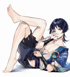 Rule 34 | 1boy, artist name, black hair, black shorts, blue eyes, collarbone, commentary, english commentary, feet, genshin impact, leg up, looking at viewer, male focus, mint-tan, scaramouche (genshin impact), shorts, simple background, spread legs, toenails, toes, vision (genshin impact), wanderer (genshin impact), white background