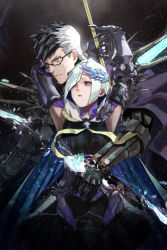 Rule 34 | 1boy, 1girl, armor, armpits, black background, breasts, brynhildr (fate), brynhildr romantia, copyright name, couple, dagger, fate/grand order, fate/prototype, fate/prototype: fragments of blue and silver, fate (series), glasses, hair ornament, hair over one eye, hetero, hug, kdm (ke dama), knife, long hair, looking at another, multicolored hair, polearm, purple eyes, shoulder spikes, sigurd (fate), silver hair, simple background, spiked hair, spikes, two-tone hair, very long hair, weapon