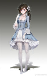 Rule 34 | 1girl, absurdres, blue dress, blue eyes, bow, breasts, brown hair, choker, cleavage, closed mouth, dress, full body, gloves, gradient background, hair bow, high heels, highres, jewelry, lace, lace-trimmed gloves, lace-trimmed legwear, lace trim, long hair, looking at viewer, medium breasts, necklace, pauline bonaparte, quuni, ribbon choker, ringlets, seijo senki, short dress, side ponytail, simple background, smile, solo, standing, thighhighs, watermark, white gloves, white thighhighs, wide sleeves