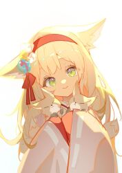 Rule 34 | 1girl, animal, animal ear fluff, animal ears, arknights, blonde hair, closed mouth, commentary request, fox, fox ears, green eyes, hairband, head tilt, highres, indai (3330425), japanese clothes, kimono, long hair, long sleeves, looking at viewer, pink kimono, red hairband, ribbon-trimmed sleeves, ribbon trim, simple background, sleeves past wrists, smile, solo, suzuran (arknights), suzuran (yukibare) (arknights), upper body, white background, wide sleeves
