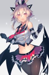 Rule 34 | 1girl, ahoge, bare shoulders, belt, black necktie, black pantyhose, blush, commentary request, cropped vest, elbow gloves, fang, gloves, grey background, grey hair, hair between eyes, hair ornament, highres, midriff, miniskirt, navel, necktie, open mouth, original, pantyhose, red necktie, red skirt, sasa onigiri, short hair, short hair with long locks, sidelocks, simple background, skirt, solo, striped clothes, striped gloves, tail, two-tone neckwear, vest, wings