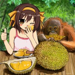 Rule 34 | 1girl, animal, blush, breasts, brown eyes, brown hair, bubbacterial, durian, eating, food, fruit, hair ribbon, hairband, highres, holding, holding food, leaf, looking at viewer, one eye closed, open mouth, orange hairband, orange ribbon, orangutan, pink tank top, ribbon, short hair, small breasts, solo, suzumiya haruhi, suzumiya haruhi no yuuutsu, tank top, thumbs up, upper body