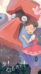 Rule 34 | 1girl, alternate color, blush, blush stickers, brown footwear, brown hair, closed eyes, commentary, creatures (company), flower, game freak, gen 4 pokemon, highres, hug, niji (shihio), nintendo, open mouth, pink flower, pokemon, pokemon (creature), pokemon masters ex, probopass, roxanne (pokemon), sitting, skirt, smile, twintails