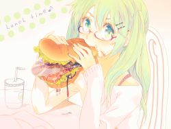 Rule 34 | 1girl, bad id, bad pixiv id, bespectacled, cable, cd, eating, eyelashes, food, food on face, glasses, green eyes, green hair, hair ornament, hairclip, hatsune miku, matching hair/eyes, sandwich, solo, souno kazuki, vocaloid