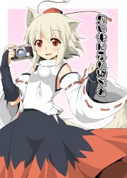 Rule 34 | 1girl, animal ears, bridal gauntlets, camera, cover, cover page, detached sleeves, fang, female focus, inubashiri momiji, red eyes, short hair, silver hair, simple background, solo, standing, suna (sunaipu), tail, touhou, translation request, wolf ears, wolf tail