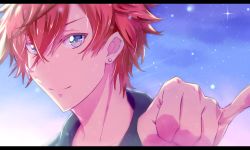 Rule 34 | 1boy, blue eyes, blue sky, closed mouth, earrings, hair between eyes, harryham harry, highres, hugtto! precure, jewelry, kyoutsuugengo, letterboxed, looking at viewer, male focus, portrait, precure, red hair, short hair, sky, smile, solo
