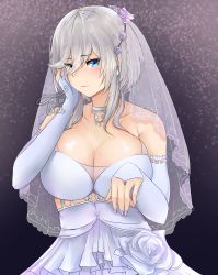 Rule 34 | 1girl, absurdres, artist name, azur lane, blue eyes, blush, breasts, bridal veil, choker, cleavage, closed mouth, detached sleeves, dress, earrings, elbow gloves, fingerless gloves, flower, gloves, hair flower, hair ornament, hand on own face, headband, highres, jewelry, large breasts, looking at viewer, mole, mole on breast, nail polish, purple background, purple nails, rose, short hair, signature, smile, solo, tini, veil, washington (azur lane), wedding dress, white dress, white flower, white hair, white rose