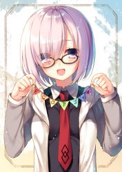 Rule 34 | 1girl, :d, announcement celebration, bunting, eyes visible through hair, fate/grand order, fate (series), glasses, hair over one eye, highres, jpeg artifacts, light purple hair, mash kyrielight, necktie, open mouth, pennant, purple eyes, short hair, smile, solo, string of flags, toosaka asagi