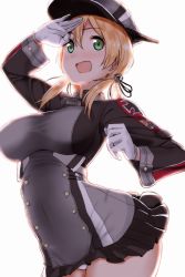 Rule 34 | 10s, 1girl, :d, amano don, anchor hair ornament, backlighting, bad id, bad pixiv id, black ribbon, black skirt, blonde hair, cross, gloves, green eyes, hair ornament, hair ribbon, hat, highres, iron cross, kantai collection, long hair, long sleeves, microskirt, military, military uniform, open mouth, panties, peaked cap, pleated skirt, prinz eugen (kancolle), ribbon, simple background, skirt, smile, solo, twintails, underwear, uniform, white background, white gloves, white panties