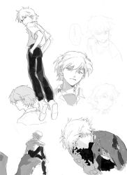 Rule 34 | 1boy, angry, closed mouth, collared shirt, commentary, greyscale, hands in pockets, highres, kgeroua, looking at viewer, male focus, monochrome, multiple views, nagisa kaworu, neon genesis evangelion, pants, plugsuit, shirt, short hair, short sleeves, sitting, sketch, smile, speech bubble, undershirt