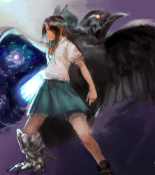 Rule 34 | 1girl, bird, bow, brown hair, claws, crow, gem, green bow, hair bow, inishie kumo, legs apart, long hair, profile, puffy short sleeves, puffy sleeves, purple background, reiuji utsuho, shirt, shoes, short sleeves, solo, standing, touhou, white shirt, wings