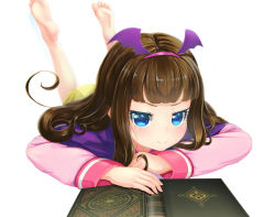 Rule 34 | &gt;:), 1girl, aiuabo, barefoot, blue eyes, book, brown hair, feet, grimoire, hairband, kurosu aroma, long hair, lying, on stomach, open book, pretty series, pripara, simple background, skirt, smile, soles, solo, the pose, toes, v-shaped eyebrows, white background