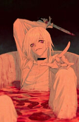 Rule 34 | 1boy, akudama drive, bath, blood, blood on clothes, bloody knife, bloody weapon, cutthroat (akudama drive), hair between eyes, highres, holding, holding knife, jacket, knife, purple eyes, shirt, weapon, white hair, white jacket, white shirt