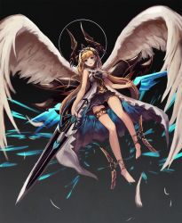 Rule 34 | 1girl, ankle lace-up, ankle wings, armor, barefoot, belt, black background, blonde hair, blue eyes, braid, cross-laced footwear, eruthika, eyebrows, feathered wings, feathers, full body, gradient background, hair ornament, hairband, half updo, headgear, highres, holding, holding sword, holding weapon, legs apart, long hair, looking at viewer, miniskirt, multiple wings, original, pleated skirt, skirt, sleeveless, smile, solo, sword, thigh strap, tiara, twin braids, very long hair, weapon, white wings, wings