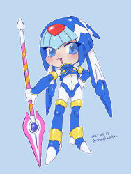 Rule 34 | 1girl, android, blue background, blue eyes, boots, breasts, dated, full body, gloves, helmet, holding, holding polearm, holding weapon, ikumokanata72, fairy leviathan (mega man), looking at viewer, mega man (series), mega man zero (series), open mouth, polearm, robot, robot girl, simple background, small breasts, solo, spear, thigh boots, thighhighs, twitter username, weapon, white gloves
