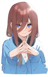 Rule 34 | 1girl, blue cardigan, blue eyes, blush, brown hair, cardigan, closed mouth, enpera, eyes visible through hair, go-toubun no hanayome, hair between eyes, hair over one eye, headphones, headphones around neck, highres, joker (tomakin524), long hair, long sleeves, looking at viewer, nakano miku, own hands together, scarf, shirt, simple background, smile, solo, upper body, white background, white shirt
