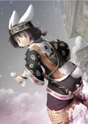 Rule 34 | 1girl, ainu clothes, alternate costume, animal ears, bracelet, brown hair, from behind, futatsuki hisame, headband, inaba tewi, jewelry, looking back, rabbit ears, rabbit girl, rabbit tail, scarf, snow, snowing, solo, sword, tail, touhou, tribal, weapon, winter