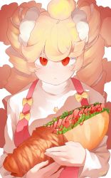 Rule 34 | 1girl, absurdres, ahoge, big hair, blonde hair, blush, bow, closed mouth, cradling, dress, food, highres, holding, holding food, jewelry, long sleeves, looking at viewer, mofu mofuko (ryusei hashida), necklace, original, pink dress, red eyes, ryusei hashida, sandwich, shirt, solo, submarine sandwich, sweater, twintails, upper body, white shirt, white sweater, yellow bow
