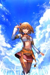 Rule 34 | 1girl, :d, absurdres, blonde hair, blue eyes, breasts, cloud, cloudy sky, day, detached sleeves, feet out of frame, fiora (xenoblade), highres, miniskirt, nintendo, open mouth, outdoors, short hair, skirt, sky, small breasts, smile, solo, tarbo (exxxpiation), thighhighs, wind, xenoblade chronicles (series), xenoblade chronicles 1, xenoblade chronicles (series)