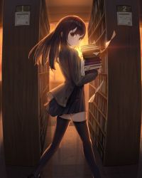Rule 34 | 1girl, absurdres, black skirt, black thighhighs, book, bookshelf, brown cardigan, brown eyes, brown hair, buttons, cardigan, collared shirt, commentary, cryturtle, from side, highres, holding, holding book, indoors, korean commentary, library, long hair, long sleeves, looking at viewer, open cardigan, open clothes, orange sky, original, pleated skirt, school uniform, shirt, skirt, sky, smile, solo, sunset, thighhighs, white shirt, window, zettai ryouiki