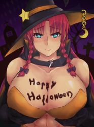 Rule 34 | (e (kakko ii), 1girl, abs, alternate costume, bare shoulders, black bow, black gloves, blue eyes, blush, bow, braid, breast hold, breast lift, breasts, chocolate on body, chocolate on breasts, cleavage, closed mouth, collarbone, elbow gloves, fang, gloves, hair bow, halloween, halloween costume, happy halloween, hat, hong meiling, large breasts, long hair, looking at viewer, red hair, smile, solo, touhou, twin braids, witch hat