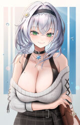 Rule 34 | 1girl, bare shoulders, breasts, cleavage, green eyes, grey hair, hairband, highres, hololive, large breasts, looking at viewer, shirogane noel, smile, solo, tk@illustration, virtual youtuber