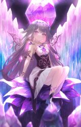 Rule 34 | 1girl, absurdres, arm support, blunt bangs, blurry, blush, closed mouth, commentary, corset, crystal, crystal wings, depth of field, dress, english commentary, gradient hair, grey hair, hair flaps, highres, hololive, hololive english, koseki bijou, koseki bijou (1st costume), long hair, looking at viewer, multicolored hair, parted bangs, purple eyes, purple hair, siruru0503, sitting, sitting on object, sleeveless, sleeveless dress, smile, solo, tiara, very long hair, virtual youtuber, white dress