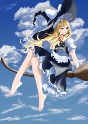 Rule 34 | 1girl, :o, apron, arm support, barefoot, black hat, black skirt, black vest, blonde hair, bow, braid, broom, broom riding, buttons, cloud, cloudy sky, commentary request, crossed legs, day, frilled hat, frilled skirt, frills, hair bow, hat, hat bow, highres, kirisame marisa, legs, long hair, outdoors, puffy short sleeves, puffy sleeves, red bow, shirt, short sleeves, side braid, single braid, skirt, sky, solo, toes, touhou, user xwdp4447, vest, waist apron, white apron, white bow, white shirt, witch, witch hat, yellow eyes