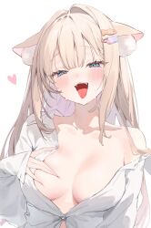 Rule 34 | 1girl, :d, animal ear fluff, animal ears, arm at side, armpit crease, bare shoulders, blonde hair, blue eyes, blush, breasts, breasts apart, cat ears, cat girl, collarbone, colored inner hair, dot nose, hair between eyes, hair intakes, hair ornament, hairclip, half-closed eyes, hand on own chest, highres, indie virtual youtuber, large breasts, long hair, looking at viewer, multicolored hair, off shoulder, open mouth, pink hair, sidelocks, simple background, smile, solo, straight hair, teeth, tsukimachi nyamo, upper body, upper teeth only, virtual youtuber, white background, yuita (yuita17)