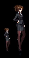 Rule 34 | 10s, artist request, belted, belted dress, brown hair, business suit, clasped dress, dress, formal, hand on own hip, high heels, hip focus, kazaoka mari, pantyhose, pixel art, red eyes, shoes, simple background, skirt, skirt suit, stand, standing, suit, tagme, tight clothes, tight dress, white album (series), white album 2