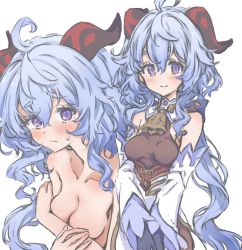 Rule 34 | 1girl, ahoge, bare shoulders, bell, blue hair, blush, bow, breasts, cleavage, collarbone, covering privates, covering breasts, detached sleeves, ganyu (genshin impact), genshin impact, highres, horns, long hair, looking at viewer, medium breasts, multiple views, neck bell, nude, nwon&#039;yo pasun, purple eyes, sidelocks, smile, solo, white background, white sleeves