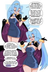 Rule 34 | 1girl, absurdres, black cape, black gloves, blue dress, blue hair, breasts, cape, clair (pokemon), commentary, creatures (company), dress, english commentary, english text, game freak, gloves, hair between eyes, high ponytail, highres, large breasts, long hair, looking at viewer, medium breasts, nico-neko, nintendo, open mouth, pencil dress, pokemon, pokemon hgss, purple cape, red eyes, short dress, smile, speech bubble, strapless, strapless dress, two-sided cape, two-sided fabric, two-tone cape, v-shaped eyebrows, very long hair, white background